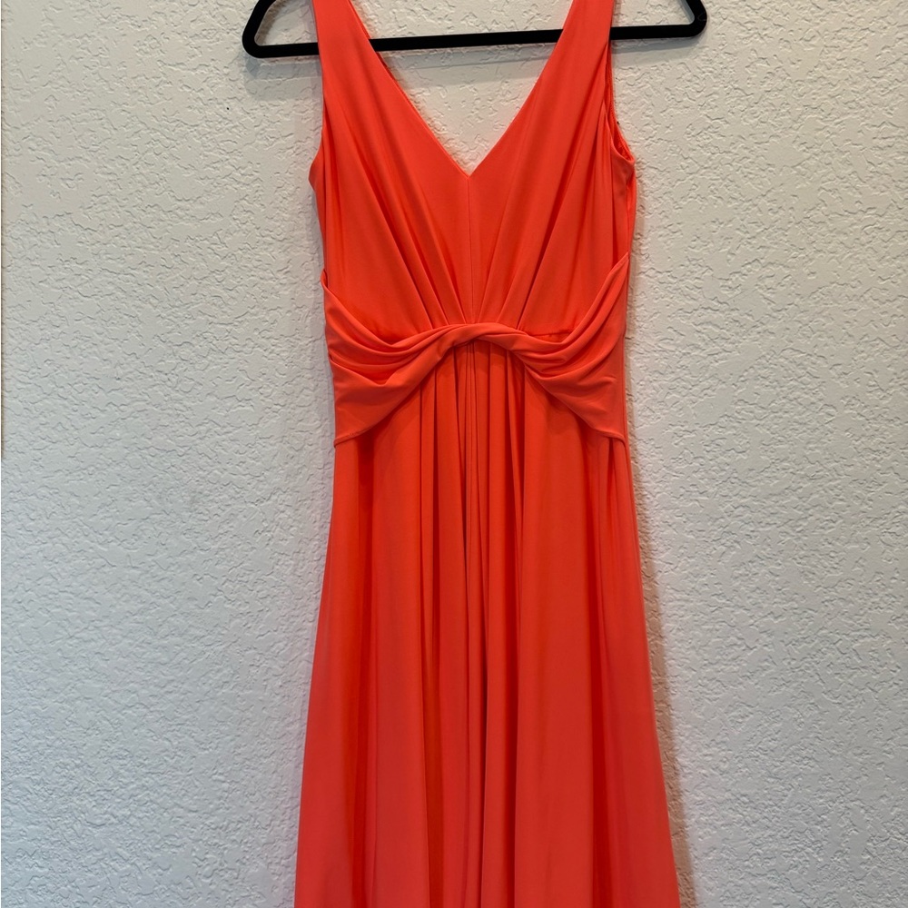 T Tahari Orange Ruched V-Neck Sundress